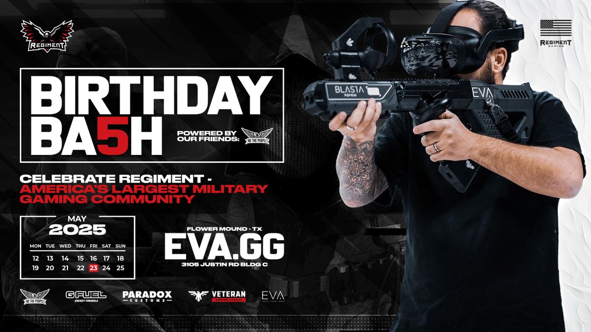 Join us for REGIMENT's 5th Birthday! 🎉

Come enjoy games, food, and drinks! 

📍Flower Mound, TX
🗓️ May 23rd

RSVP Below! ⬇️
