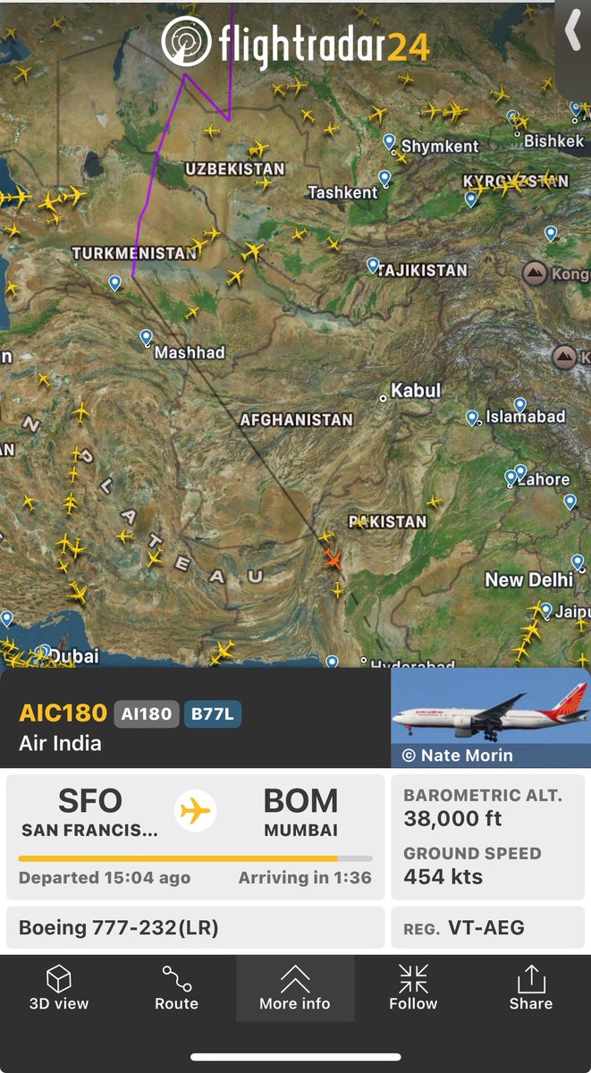 arnavhm13's tweet photo. @TanishM40053103 @CSMIA_Official @AAI_Official @flightradar24 That’s an approximate location the purple line is where the plane was last reported the black line you see is FlightRadar24 just guessing where it could be https://t.co/fUaGqBal0H