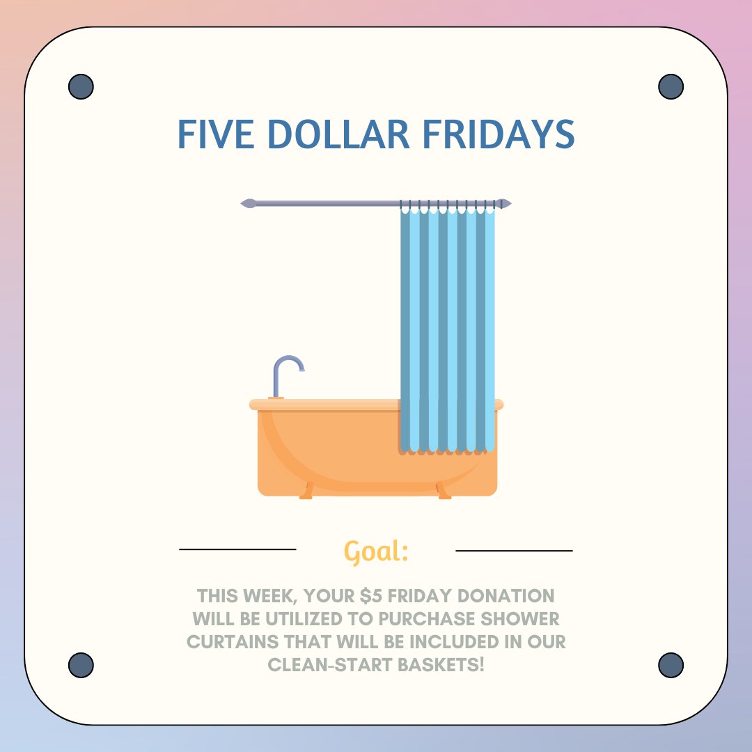 Hi friends! This week, your $5 Friday donation will go toward purchasing shower curtains for our Clean Start Baskets! Thanks for your support!

Support here: pulse.ly/tcgg139mkj

Or shop our Amazon Wishlist: amazon.com/hz/wishlist/ls…