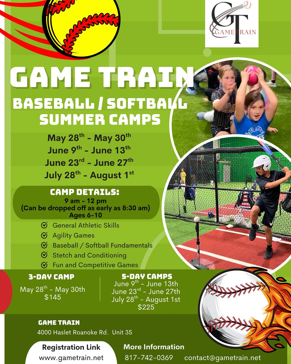 GameTrain (@train4yourgame) on Twitter photo Game Train has your bases covered with 4 ⚾️baseball/softball🥎 summer camps!
May 28-30
June 9-13
June 23-27
July 28-August 1
Sign up here 👇
gametrain.net/game-train-cla…
Please send us an email 📧 at contact@gametrain.net or call/text 📲 us at (682) 727-0129 with any questions! Game Train has your bases covered with 4 ⚾️baseball/softball🥎 summer camps!
May 28-30
June 9-13
June 23-27
July 28-August 1
Sign up here 👇
gametrain.net/game-train-cla…
Please send us an email 📧 at contact@gametrain.net or call/text 📲 us at (682) 727-0129 with any questions!