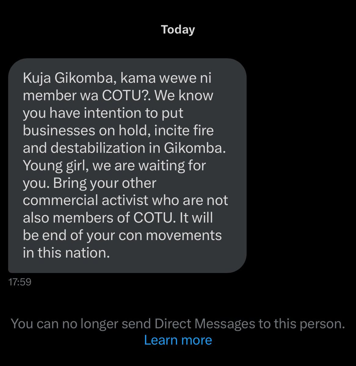 I’ll be posting every threat received from Atwoli’s goons here. They have been threatening me the entire day with calls. This guy <a href="/Chemasuet_/">Chemasuet</a>  is talking shit daring me to occupy COTU offices. Relax. I protect and fight for common people and disdain the elites. 

#AtwoliRetire