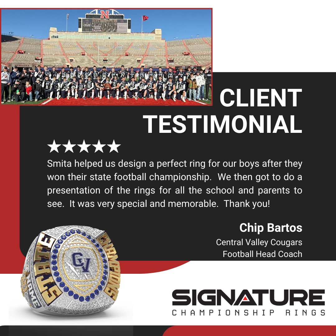 Big thanks to Chip Bartos of Central Valley (NE) for the kind words! 🙌

We’re honored to help celebrate your championship moments with custom rings that tell your team’s story. 💍🏆