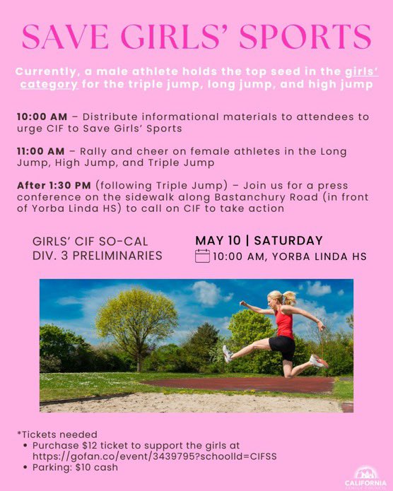 A boy ranks #1 in the girls’ long jump, triple jump, &amp; high jump in California.

Girls are losing their spots, their medals, their dreams. 

The governor calls it “deeply unfair,” but does nothing.

This Saturday, find your courage and stand up for the girls being pushed aside.