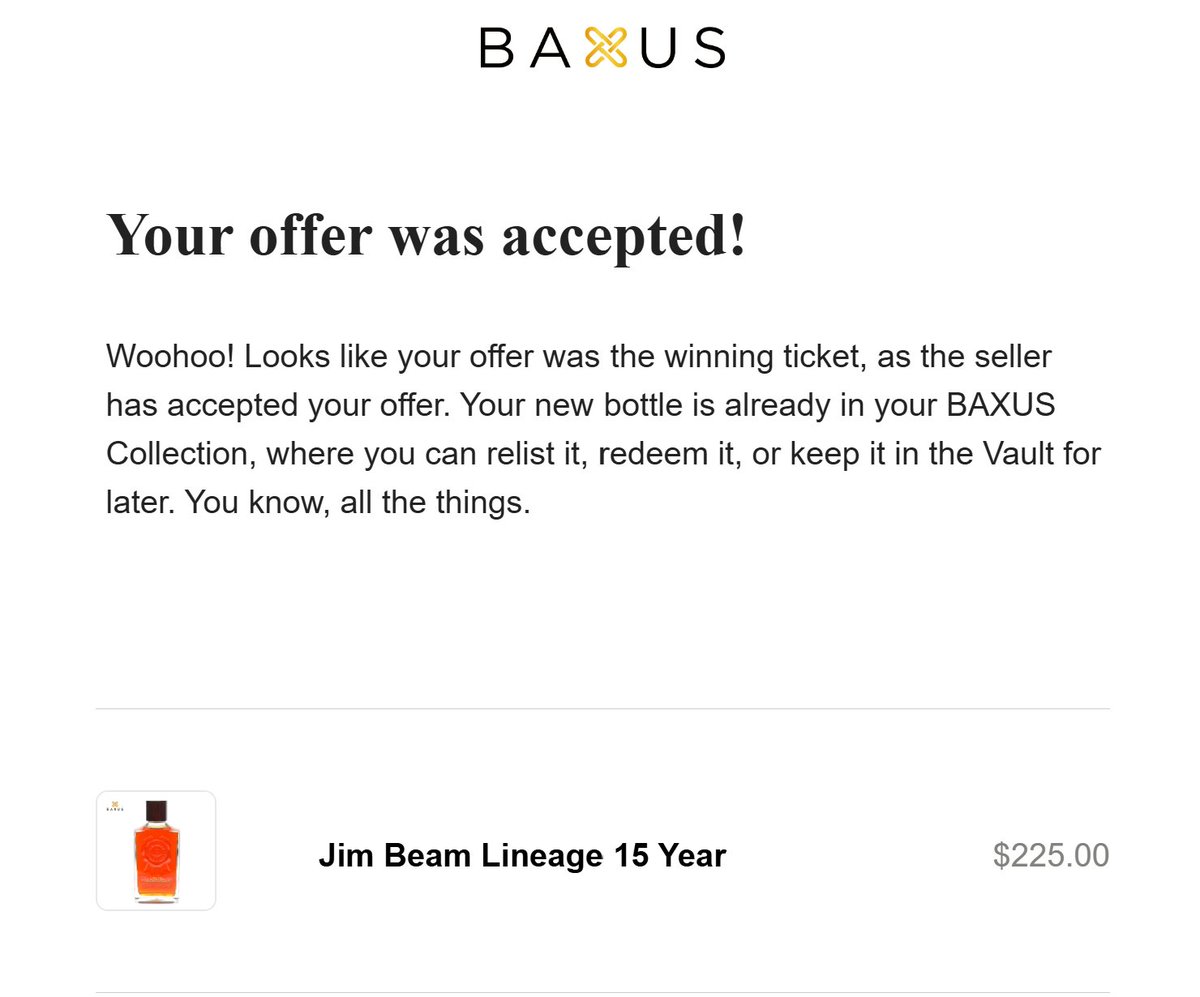 Let's F$%&amp;ing Go!

<a href="/BAXUSco/">BAXUS</a>

Jim Beam Lineage 15 year 111 proof. How sick is this!

"The Jim Beam Lineage 15-Year has an (MSRP) of $250. CaskCartel offers it for $999.99, while Folsom Wine &amp; Spirits sells it for $595.00. Various prices from different countries, reaching $324.47."