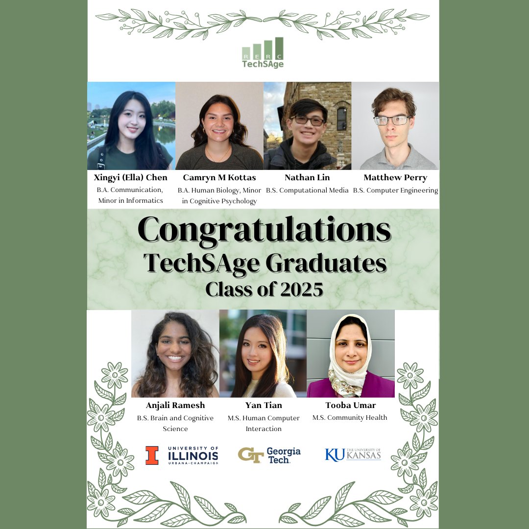 TechSAgeRERC's tweet image. 🎓 Congratulations to our Spring 2025 TechSAge Graduates! 🎉
Xingyi (Ella) Chen, Camryn M Kottas, Nathan Lin, Matthew Perry, Anjali Ramesh, Yan Tian, Tooba Umar.
Keep shining wherever you go next! ✨
@AHSIllinois, @LASillinois, @gtcomputing, @KUbiology, @PsychIllinois