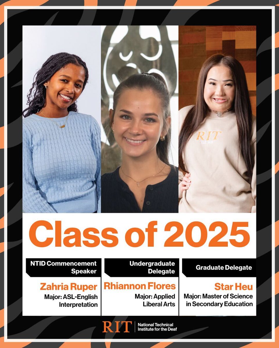 RITNTID's tweet image. Congratulations to our NTID Commencement Delegates Rhiannon Flores and Star Heu, and NTID’s Commencement Speaker Zahira Ruper! We wish you all the best, and can’t wait to see where life takes you! #NTIDgrad #RITgrad
