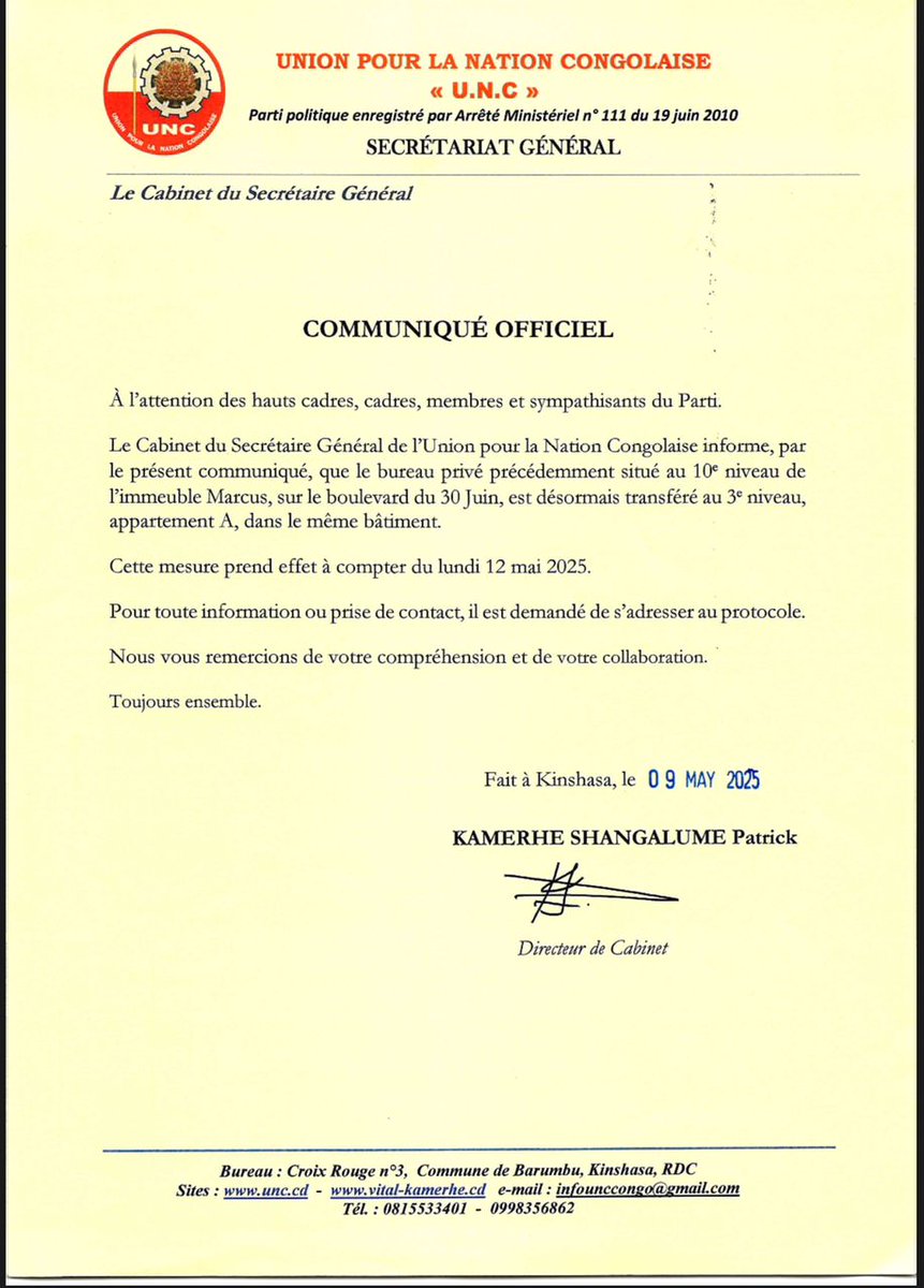 Communiqué Officiel portant changement du bureau privé du Secrétaire Général du parti. 👇🏾