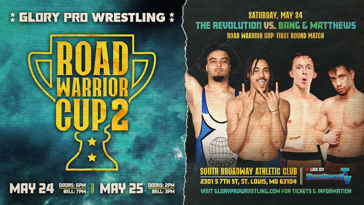 Glory Pro Wrestling (@weareglorypro) on Twitter photo Road Warrior Cup 2 first round matches are set!
PME vs. Hustle&Muscle
New Guys vs. Hype
Bang&Matthews vs. Revolution
Shazza&Laynie vs. Premier
May 24-25 in St. Louis, MO
Streaming LIVE on <a href="/HighspotsWN/">Highspots.TV</a> Road Warrior Cup 2 first round matches are set!
PME vs. Hustle&Muscle
New Guys vs. Hype
Bang&Matthews vs. Revolution
Shazza&Laynie vs. Premier
May 24-25 in St. Louis, MO
Streaming LIVE on <a href="/HighspotsWN/">Highspots.TV</a>