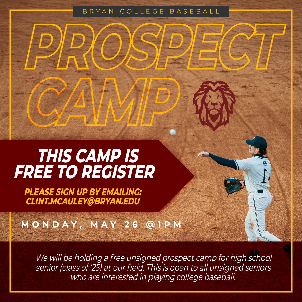 Bryan College Baseball (@bclionsbaseball) on Twitter photo 🚨 Unsigned Senior Prospect Camp 🚨
Bryan Baseball is hosting a FREE camp for 2025 grads on May 26 at 1 PM.
📩 Register by emailing: clint.mcauley@bryan.edu
#BryanLions | #CollegeBaseball | #NAIA 🚨 Unsigned Senior Prospect Camp 🚨
Bryan Baseball is hosting a FREE camp for 2025 grads on May 26 at 1 PM.
📩 Register by emailing: clint.mcauley@bryan.edu
#BryanLions | #CollegeBaseball | #NAIA