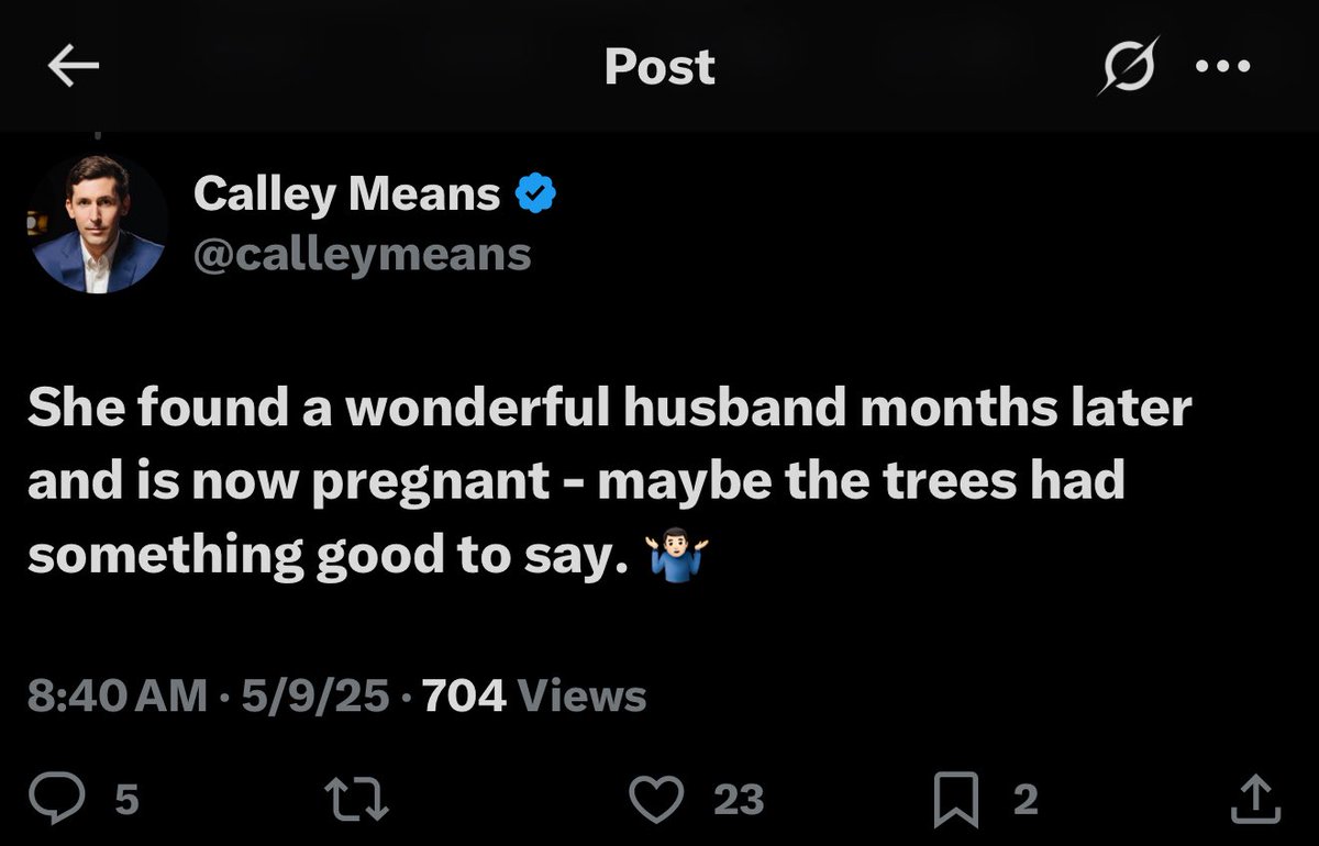 Laura Loomer (@lauraloomer) on Twitter photo Omg. <a href="/calleymeans/">Calley Means</a> just deleted the tweet in which he defended his sister <a href="/CaseyMeansMD/">Casey Means, MD</a>’s practice of talking to trees and doing shrooms for “guidance”.
He knows she’s a lunatic & that this looks awful. That’s why he deleted the post about his “beloved” sister.
INSANE behavior. Omg. <a href="/calleymeans/">Calley Means</a> just deleted the tweet in which he defended his sister <a href="/CaseyMeansMD/">Casey Means, MD</a>’s practice of talking to trees and doing shrooms for “guidance”.
He knows she’s a lunatic & that this looks awful. That’s why he deleted the post about his “beloved” sister.
INSANE behavior.