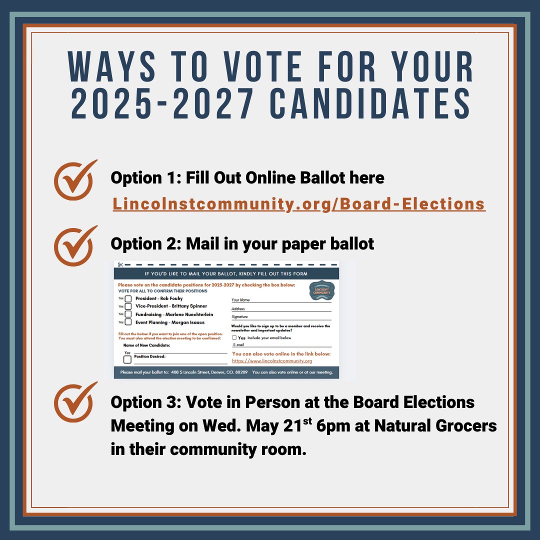 Be sure to vote for your 2025-2027 L/BCRNO Board Candidates! There are many ways that you can vote and your voice is important! 

Be sure to join our Neighborhood Meeting on May 21st at 6pm in the Community Room at Natural Grocers.
