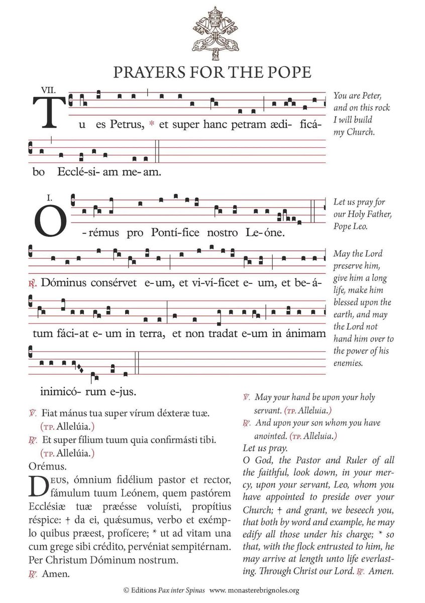 Traditional chant with translation for the prayers for Pope Leo XIV