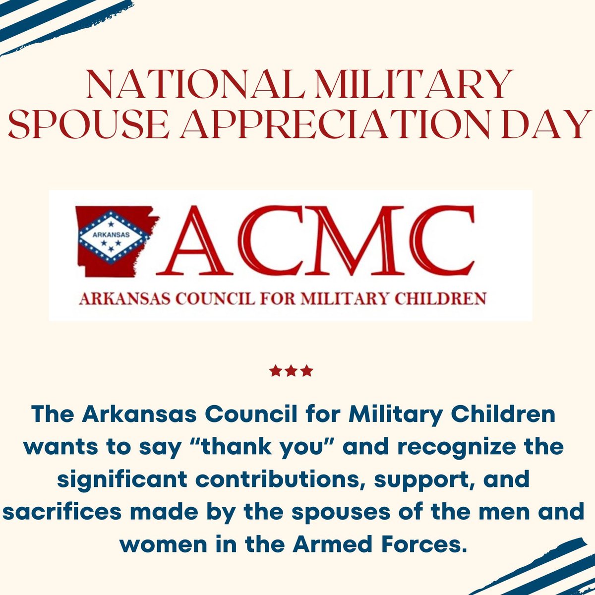 The Arkansas Council for Military Children wants to say thank you and recognize all of the contributions of military spouses today on #MilitarySpouseAppreciationDay. 
#ArkMilKids