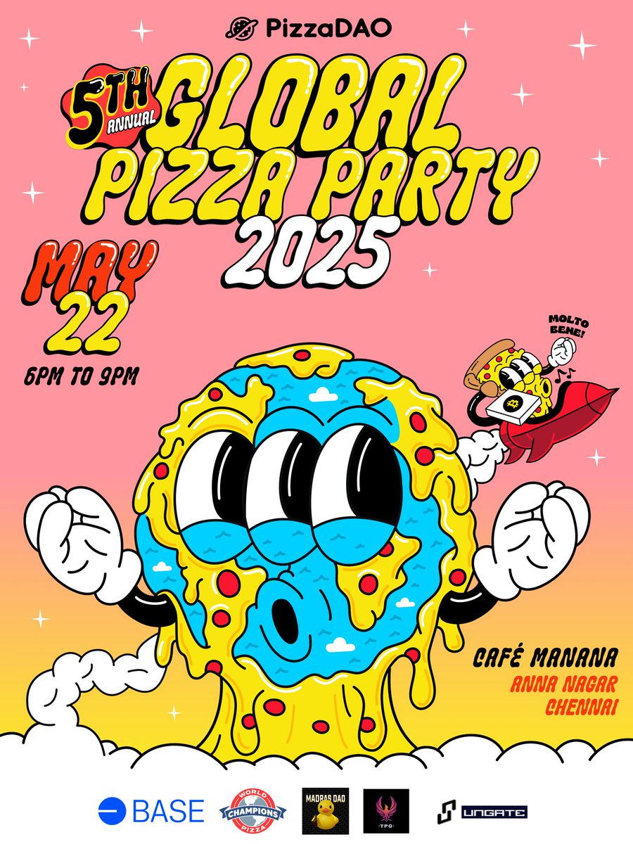 fabianferno.eth (@fabianferno) on Twitter photo Get ready for Bitcoin Pizza Day! <a href="/Pizza_DAO/">PizzaDAO.eth 🍕🏴☠️</a>'s 5th annual Global Pizza Party in honor of Bitcoin Pizza Day, the day of Laszlo's purchase of 2 pizzas for 10k bitcoin.
We're co-hosting the Chennai event, come join us on May 22nd at 6:00pm! <a href="/base/">Base</a> app.unlock-protocol.com/event/global-p… Get ready for Bitcoin Pizza Day! <a href="/Pizza_DAO/">PizzaDAO.eth 🍕🏴☠️</a>'s 5th annual Global Pizza Party in honor of Bitcoin Pizza Day, the day of Laszlo's purchase of 2 pizzas for 10k bitcoin.
We're co-hosting the Chennai event, come join us on May 22nd at 6:00pm! <a href="/base/">Base</a> app.unlock-protocol.com/event/global-p…