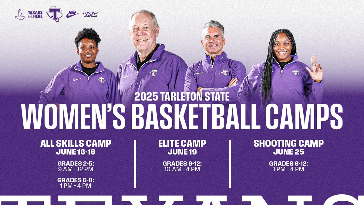 Geoff Golden (@geoffgolden) on Twitter photo Texan WBB Camps coming soon!
π£ All-Skills Camp β’ June 16-18
π£ Elite Prospect Camp β’ June 19
π£ Texan Shooting Camp β’ June 25
Registration is open: tarletonwbbcamp.com
<a href="/TarletonWBB/">Tarleton State Women's Basketball</a> <a href="/TarletonSports/">Tarleton State Athletics</a>
#SummerCamp #RollTexans Texan WBB Camps coming soon!
π£ All-Skills Camp β’ June 16-18
π£ Elite Prospect Camp β’ June 19
π£ Texan Shooting Camp β’ June 25
Registration is open: tarletonwbbcamp.com
<a href="/TarletonWBB/">Tarleton State Women's Basketball</a> <a href="/TarletonSports/">Tarleton State Athletics</a>
#SummerCamp #RollTexans