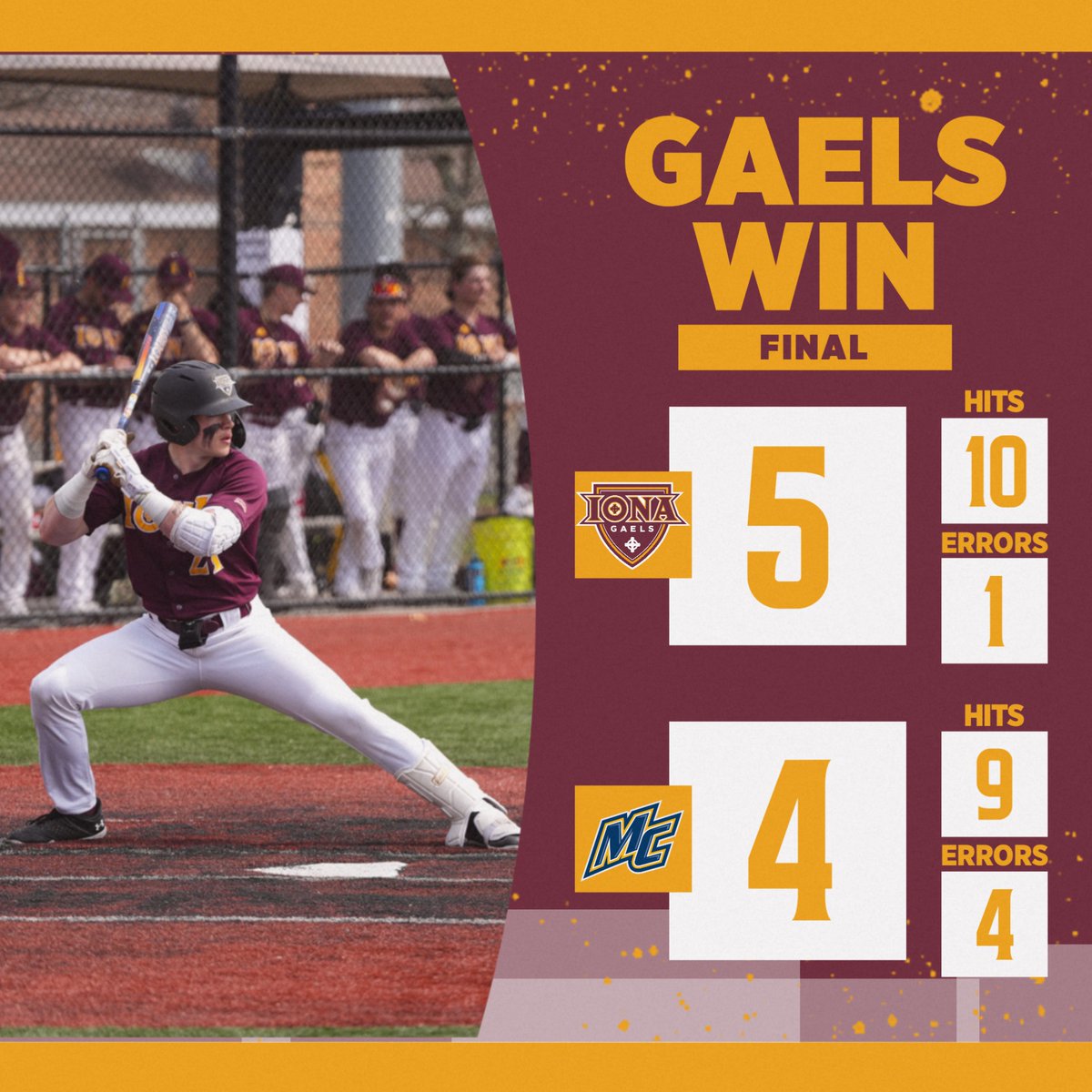 IonaBaseball's tweet image. #GAELSWIN!! Iona 5, Merrimack 4
The Gaels take the opener in their final road series of the season! Stephenson with the ninth inning bomb and the bullpen locking down for the final three innings of the game, helped the Gaels get win number 9๏ธโฃ in conference play!!
#GaelNation