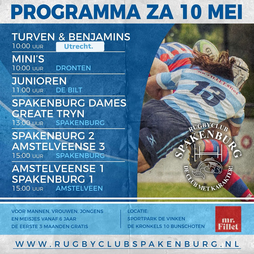 Programma zaterdag 10 mei 🏉

#Rugby
#RugbyNL
#RugbyNederland
#JeugdRugby
#DamesRugby
#Bunschoten
#spakenburg
