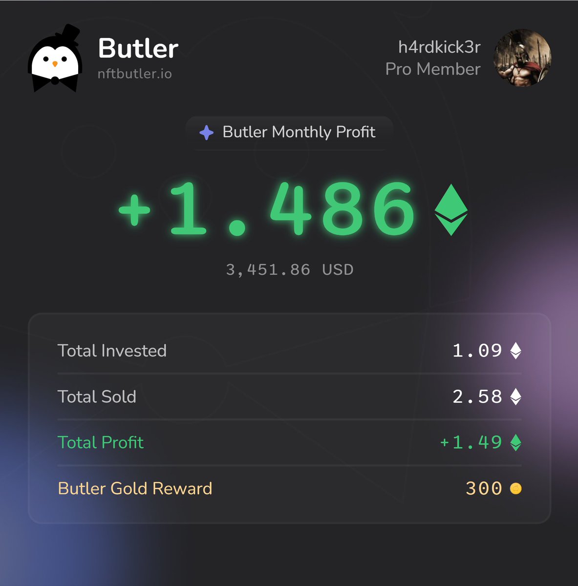 H4rdKick3R (@bl0odmoney) on Twitter photo 1.486 Ξ in profit made in the last 9 days using <a href="/nftbutler/">NFT Butler</a> 💰📈
Sharing on X to grab my extra 300 Butler Gold 🟠
Bidding’s a breeze with NFT Butler in my arsenal! 🐧
#NFT #NFTCommunity #NFTButler
nftbutler.io 1.486 Ξ in profit made in the last 9 days using <a href="/nftbutler/">NFT Butler</a> 💰📈
Sharing on X to grab my extra 300 Butler Gold 🟠
Bidding’s a breeze with NFT Butler in my arsenal! 🐧
#NFT #NFTCommunity #NFTButler
nftbutler.io