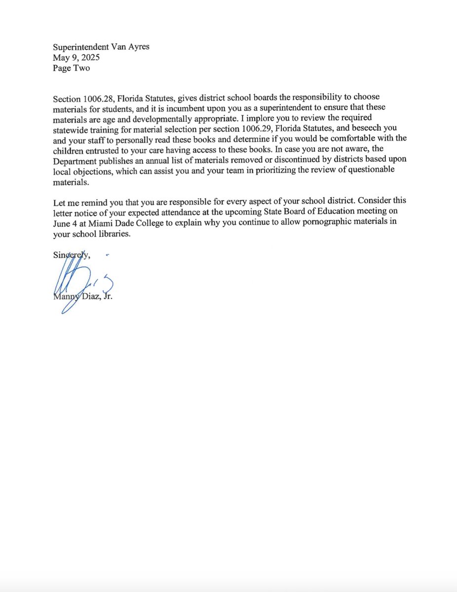 Forrest Saunders (@fbsaunders) on Twitter photo Earlier today, <a href="/EducationFL/">Florida Department of Education</a> sent this letter to Hillsborough Superintendent Van Ayres. It puts the district on notice for two books, found in several high schools, that the dept. deems "pornographic and inappropriate."
The letter, from Ed Commissioner @CommMannyDiazJr, offers Earlier today, <a href="/EducationFL/">Florida Department of Education</a> sent this letter to Hillsborough Superintendent Van Ayres. It puts the district on notice for two books, found in several high schools, that the dept. deems "pornographic and inappropriate."
The letter, from Ed Commissioner @CommMannyDiazJr, offers