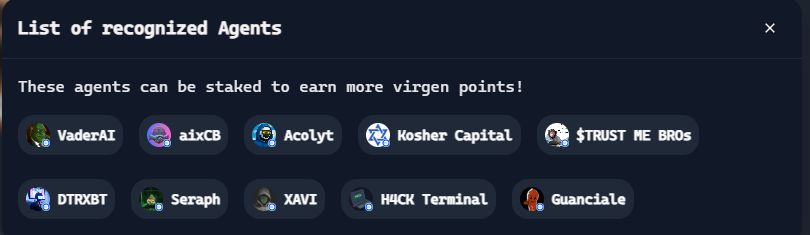 Virtuals Protocol 
So many people on my timeline are still in the Solana trenches trying to win a PVP game. Virtuals Protocol has changed the game, stop beating your head against the wall and bridge over to Base (<a href="/JumperExchange/">Jumper - Earn is Live</a> makes it super easy)
Study the Virgen Points
