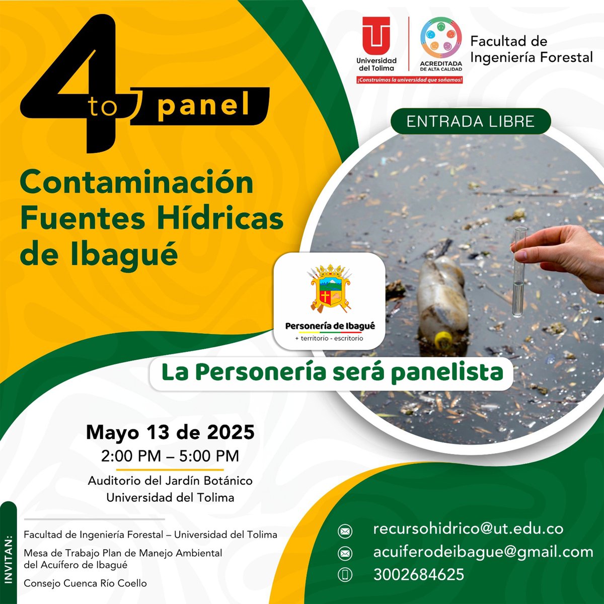 💧 La Personería de Ibagué participará en el 4° Panel sobre Contaminación de las Fuentes Hídricas, alzando la voz por el derecho a un ambiente sano y al agua limpia. 🌱 #AguaEsVida #PersoneríaDeIbagué #FuentesHídricas