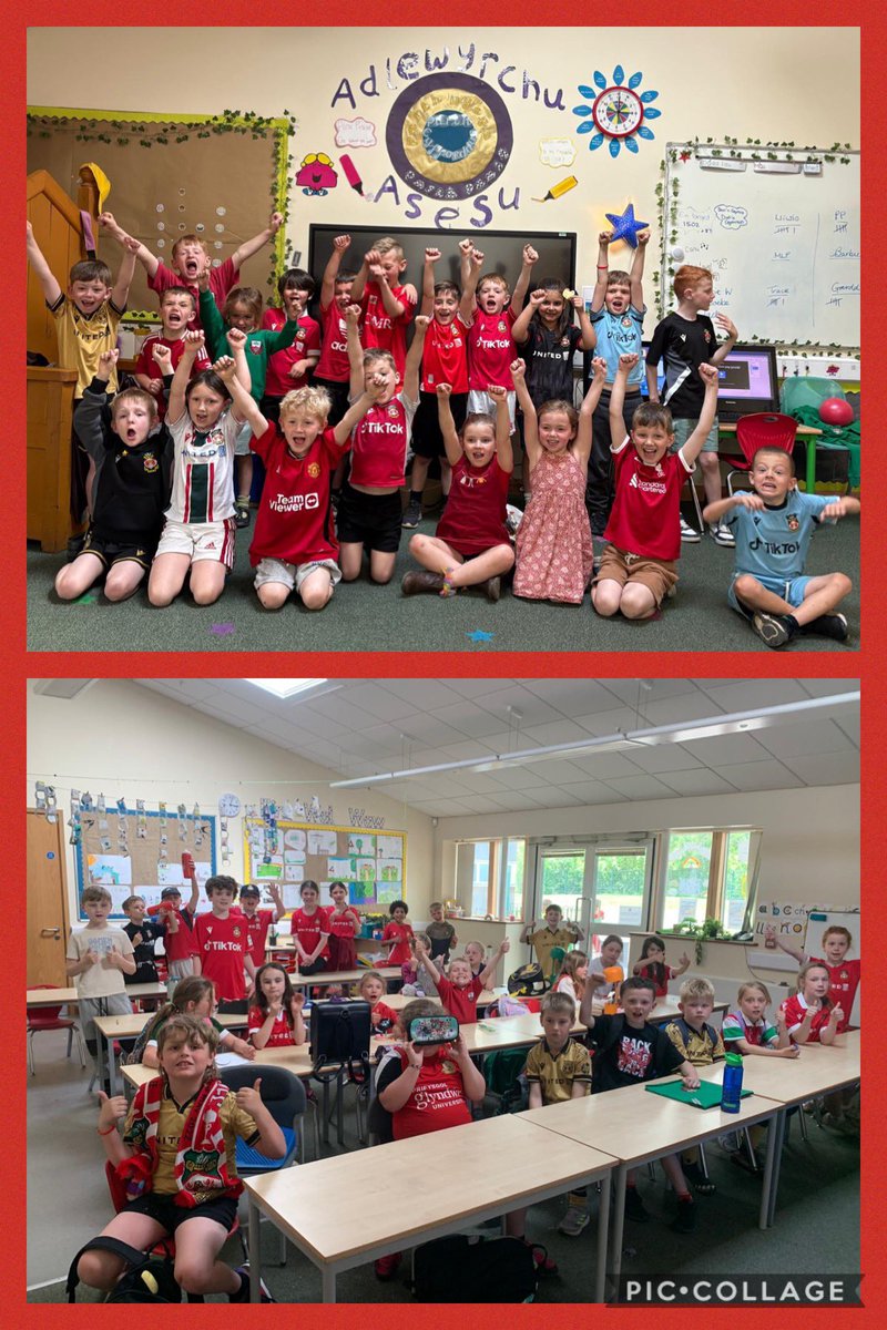 Dyma ni yn gwisgo Coch i ddathlu llwyddiant Clwb Pêl-droed Wrecsam unwaith eto eleni! 
<a href="/Wrexham_AFC/">Wrexham AFC</a> 
Llongyfarchiadau i’r tîm ar eu dyrchafiad i’r Bencampwriaeth! ⚽️

Cawsom wasanaeth heddiw am bwysigrwydd dyfalbarhau a gweithio fel tîm – yn union fel tîm pêl-droed gwych!🔴⚪️ 🏴󠁧󠁢󠁷󠁬󠁳󠁿