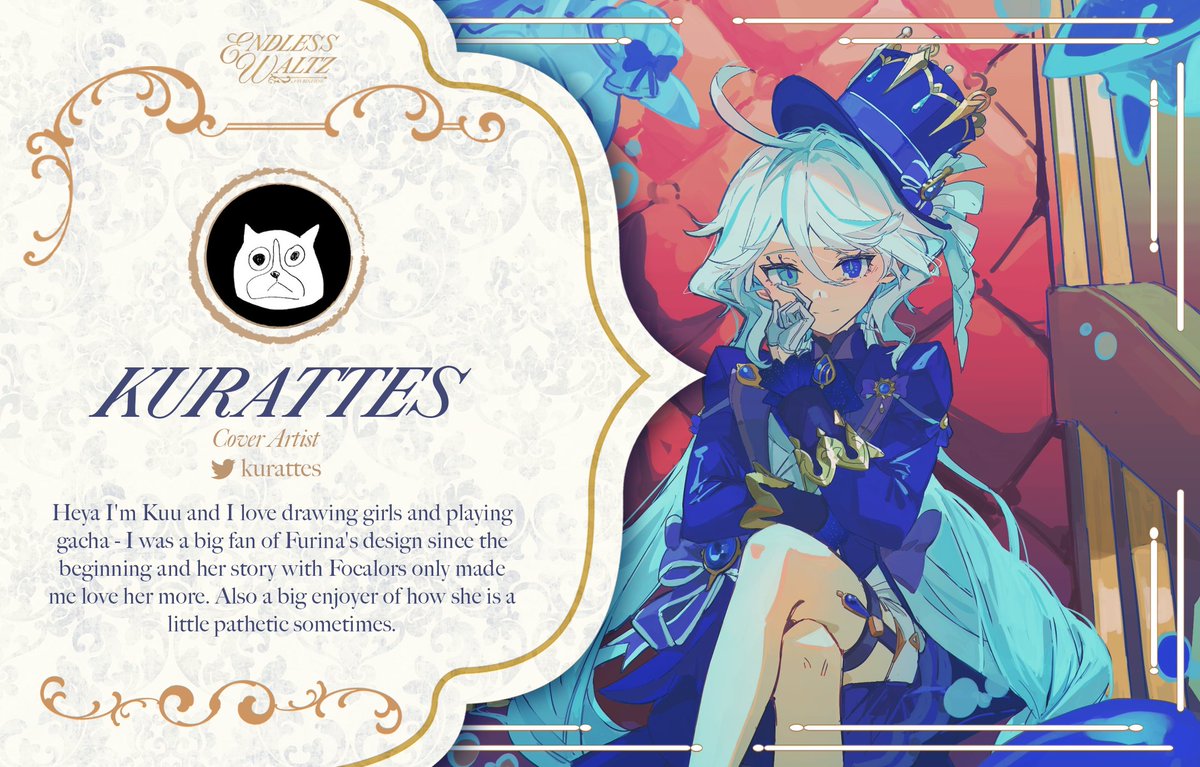 💧 COVER ARTIST: kurattes 💧

All set to deliver the eleventh hour number is <a href="/kurattes/">kuu</a>! 

With their love for drawing women ringing through the theatre, the directors are more than happy to say that they will deliver a cover illustration worthy of Furina's praise and love! 💙✨