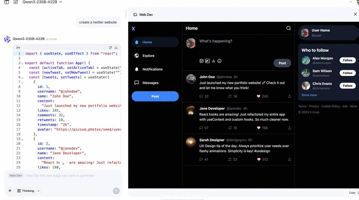 Machinelearrn's tweet image. Qwen теперь есть песочницы для генерации и запуска кода.
Web Dev — новый инструмент для создания готовых фронтенд-страниц и приложений в Qwen Chat.
🎨 Просто напишите: «Создай сайт как ...» — и готово! Вы получаете код приложения.
chat.qwen.ai/?inputFeature=…
#qwen #codegenerator