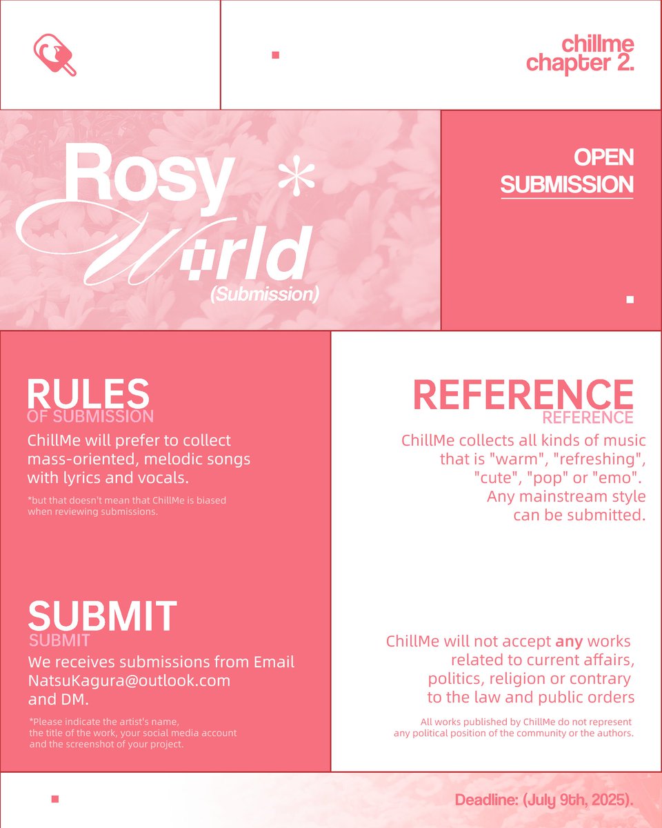 Open Submission

「ChillMe Chapter 2: Rosy World」

締切は2025年7月9日
The deadline is 2025.7.9

ご投稿を真摯にお待ちしております。
Sincerely waiting for your submission.

For details, please refer to the attached poster.
詳細は添付画像をご参照ください。