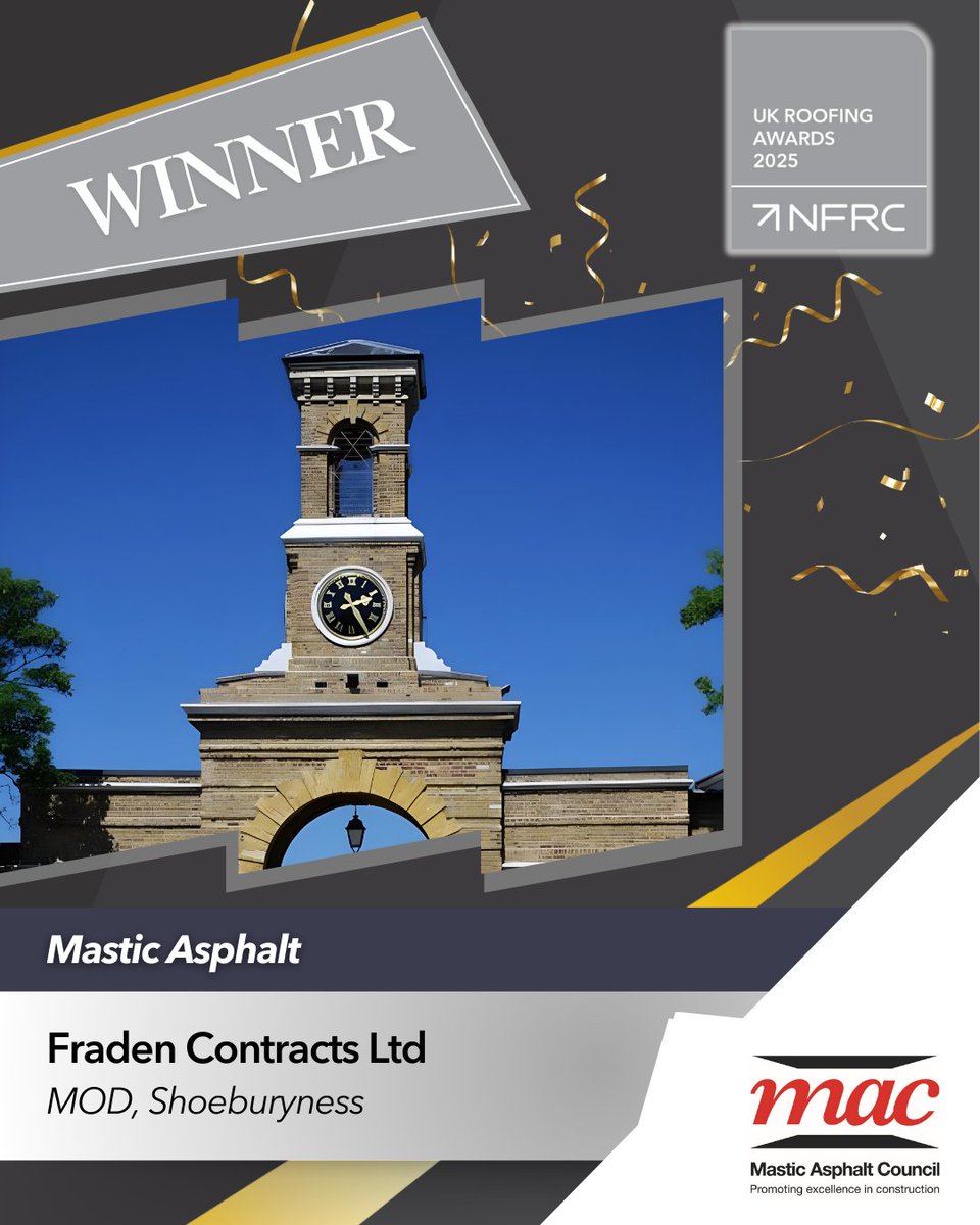 UK Roofing Awards (@ukroofingawards) on Twitter photo ๐ Congratulations to Fraden Contracts Ltd with their project MOD, Shoeburynessโ๐ช๐๐ก๐ก๐๐ฅ๐ฆ of the Mastic Asphalt category, sponsored by <a href="/MasticAsphalt/">Mastic Asphalt Council</a>
#RA2025 ๐ Congratulations to Fraden Contracts Ltd with their project MOD, Shoeburynessโ๐ช๐๐ก๐ก๐๐ฅ๐ฆ of the Mastic Asphalt category, sponsored by <a href="/MasticAsphalt/">Mastic Asphalt Council</a>
#RA2025
