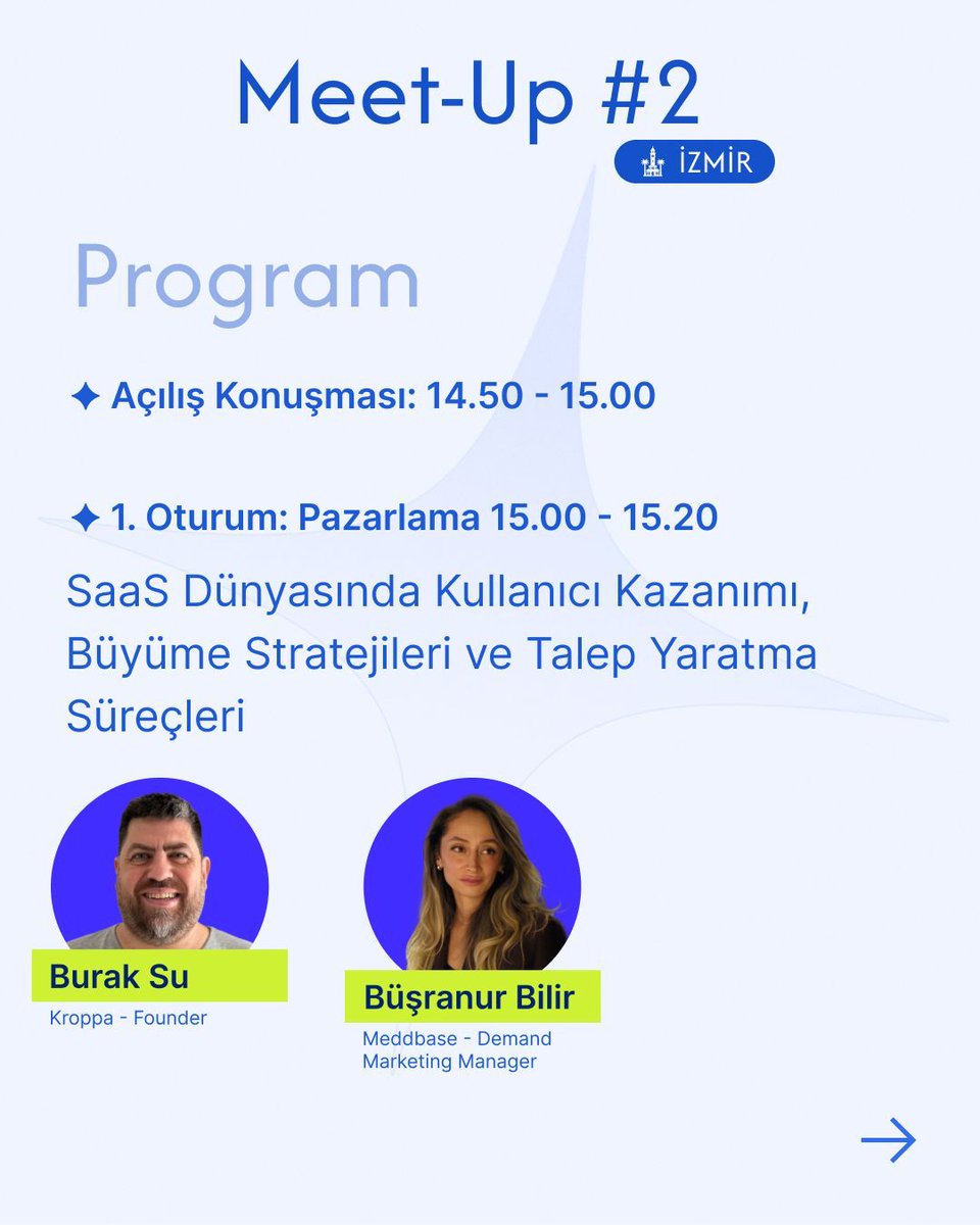 saasbridge's tweet photo. 💬 İzmir'de SaaS ve AI dünyasına ilgi duyanlar buraya!

30 Mayıs Cuma günü, SaaS Bridge topluluğu olarak İzQ ev sahipliğinde; ürün geliştirme, pazarlama stratejileri ve girişimcilik üzerine ilham verici 3 panelden oluşan özel bir meetup düzenliyoruz! 🚀

🎯 Kimler Bizimle?
🔹 Burak Su, Büşranur Bilir, Alper Özer, Batuhan Mergüz gibi alanında uzman isimler!
🔹 Girişimciler, ürüncüler, pazarlamacılar ve İzmir'deki SaaS & AI paydaşları!

🤝 Panel sonrası 1 saatlik networking ile tanışma, fikir alışverişi ve iş birliği fırsatlarını kaçırma!

📍 Tarih: 30 Mayıs Cuma
🕒 Saat: 15:00 – 17:00
📌 Mekan: İzQ Girişimcilik ve İnovasyon Merkezi

📢 Kayıt ve detaylar için link bio'da!

🚨 Kayıt olduktan sonra topluluk kanalımıza gelmeyi unutmayın!

#SaaSBridge #IzmirMeetup #SaaS #AI #Girişimcilik #ÜrünGeliştirme #Pazarlama #Networking