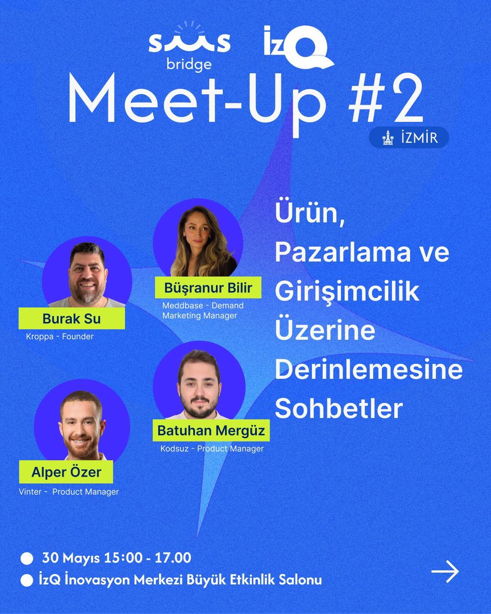 saasbridge's tweet photo. 💬 İzmir'de SaaS ve AI dünyasına ilgi duyanlar buraya!

30 Mayıs Cuma günü, SaaS Bridge topluluğu olarak İzQ ev sahipliğinde; ürün geliştirme, pazarlama stratejileri ve girişimcilik üzerine ilham verici 3 panelden oluşan özel bir meetup düzenliyoruz! 🚀

🎯 Kimler Bizimle?
🔹 Burak Su, Büşranur Bilir, Alper Özer, Batuhan Mergüz gibi alanında uzman isimler!
🔹 Girişimciler, ürüncüler, pazarlamacılar ve İzmir'deki SaaS & AI paydaşları!

🤝 Panel sonrası 1 saatlik networking ile tanışma, fikir alışverişi ve iş birliği fırsatlarını kaçırma!

📍 Tarih: 30 Mayıs Cuma
🕒 Saat: 15:00 – 17:00
📌 Mekan: İzQ Girişimcilik ve İnovasyon Merkezi

📢 Kayıt ve detaylar için link bio'da!

🚨 Kayıt olduktan sonra topluluk kanalımıza gelmeyi unutmayın!

#SaaSBridge #IzmirMeetup #SaaS #AI #Girişimcilik #ÜrünGeliştirme #Pazarlama #Networking