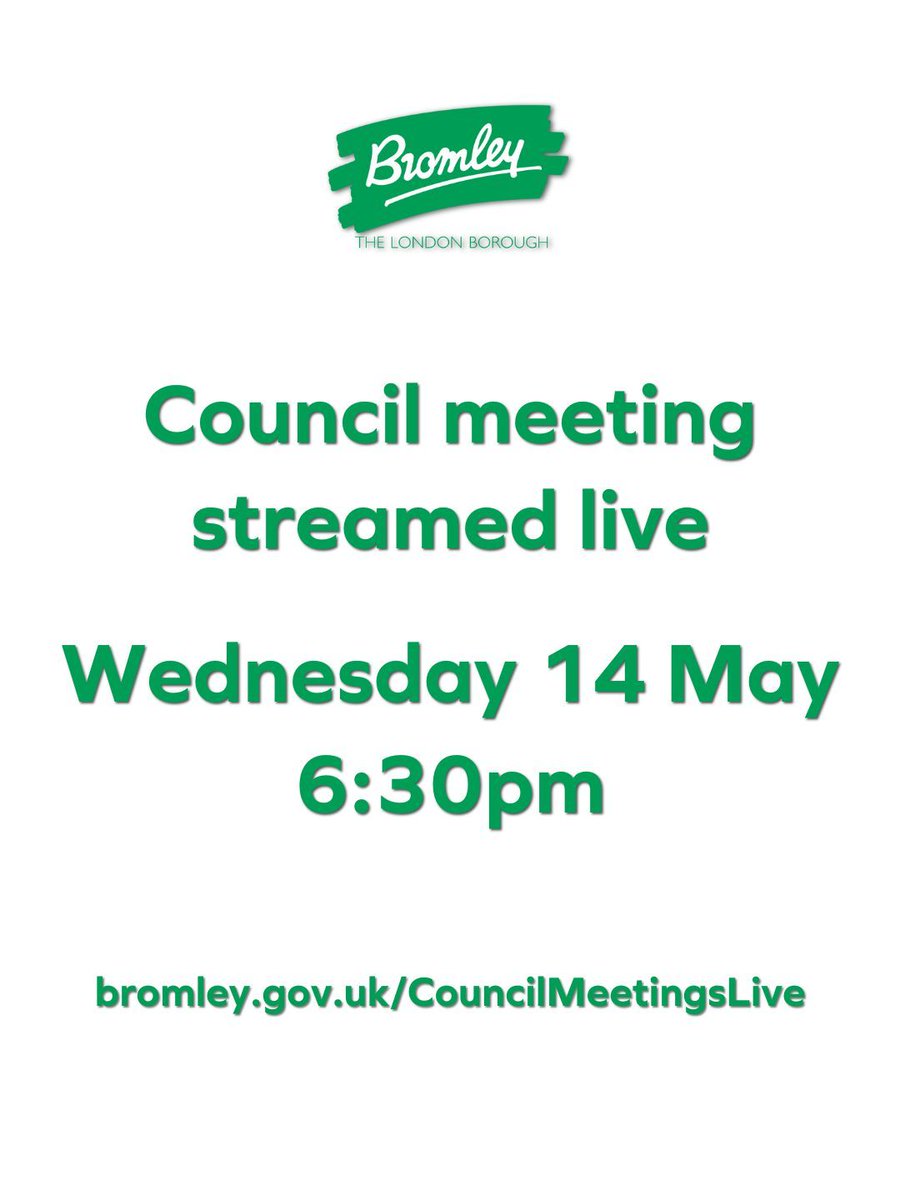 The council meeting next week, on Wednesday 14 May at 6.30pm is being live streamed, with the agenda published on the website. 

Visit bromley.gov.uk/CouncilMeeting… for detail.
