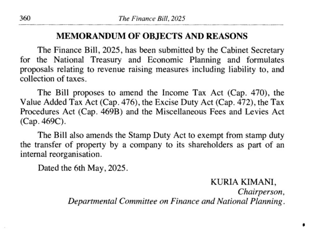 🚨The Finance Bill 2025 (National Assembly Bill No. 19 of 2025) is officially out! 

It proposes amendments to the Income Tax Act (CAP 470), the Value Added Tax (Cap 476), the Excise Duty Act (Cap 472), the Tax Procedures Act (Cap 469B) and the Miscellaneous Fees and Levies Act