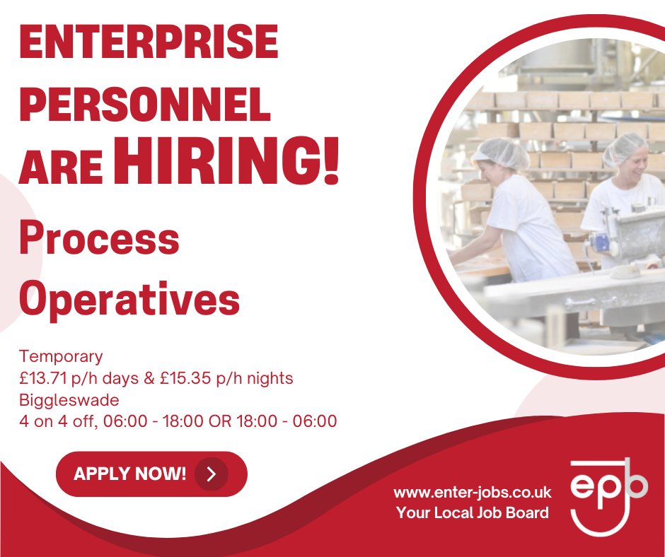EnterJobs's tweet image. Enterprise Personnel's client are looking for Process Operatives to work at their site in Biggleswade.
Apply now via our website!

#processoperatives #packingjobs #packingprocess #productionprocess #dayshifts #nightshifts #4on4off #4on4offjobs #biggleswade #bedfordshire
