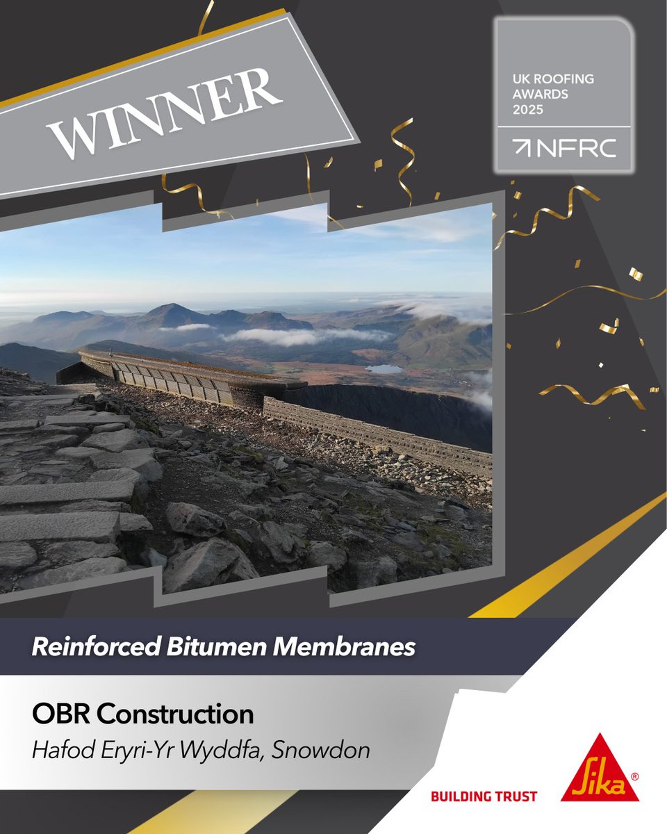 UK Roofing Awards (@ukroofingawards) on Twitter photo ๐ Congratulations to <a href="/OBRAdeiladwaith/">OBR Construction</a>, working with @sikalimited with their project Hafod Eryri-Yr Wyddfa, Snowdonโ๐ช๐๐ก๐ก๐๐ฅ๐ฆ of the Reinforced Bitumen Membranes category, sponsored by @sikalimited
#RA2025 ๐ Congratulations to <a href="/OBRAdeiladwaith/">OBR Construction</a>, working with @sikalimited with their project Hafod Eryri-Yr Wyddfa, Snowdonโ๐ช๐๐ก๐ก๐๐ฅ๐ฆ of the Reinforced Bitumen Membranes category, sponsored by @sikalimited
#RA2025