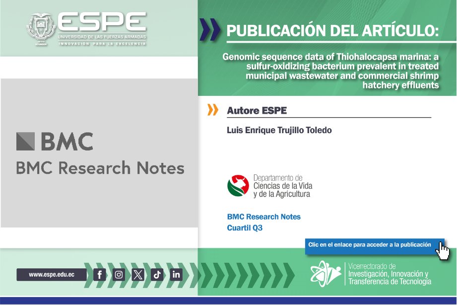 👏 ¡Felicitamos a nuestro equipo investigador por una publicación destacada!

Por su artículo “Genomic sequence data of Thiohalocapsa marina: a sulfur-oxidizing bacterium prevalent in treated municipal wastewater and commercial shrimp hatchery effluents”.

👩‍🔬👨‍🔬 Autor: Luis