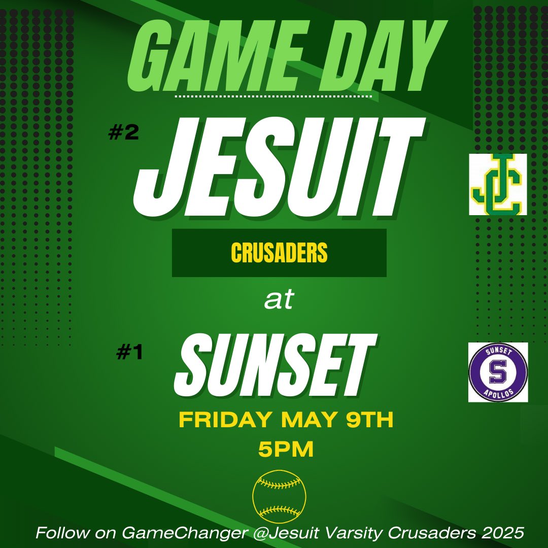 It’s a beautiful day for a great ball game!! #2 Jesuit Crusaders face off against #1 Sunset!! 💚💛⭐️
