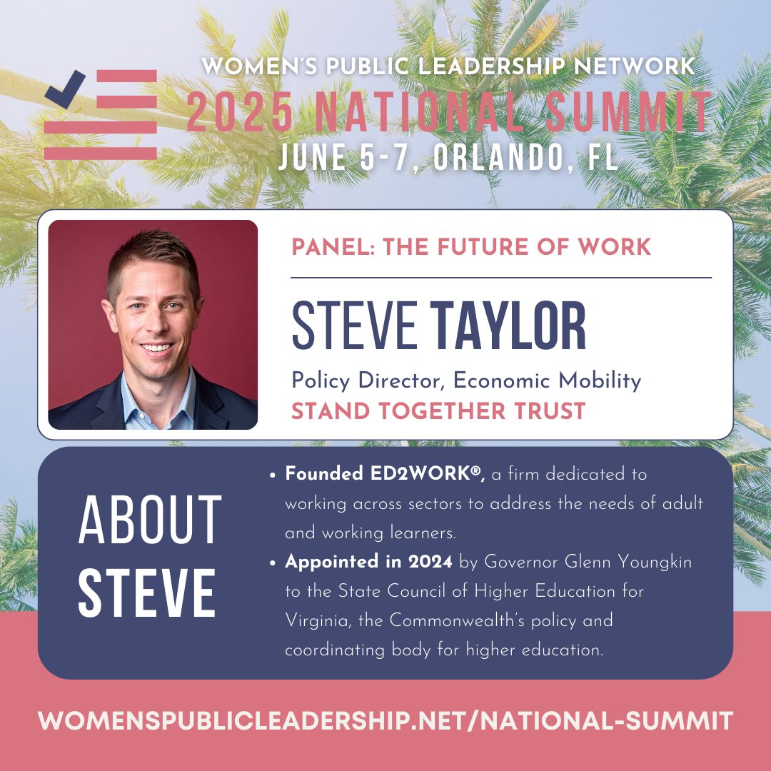 Introducing a 2025 #WPLNSummit Speaker: Dr. Steve Taylor! 🎉

He's the Policy Director &amp; Senior Fellow, Economic Mobility at <a href="/StandTogether/">Stand Together</a> &amp; will join us for "The Future of Work and Opportunity."

Get your ticket today!
📅: June 5-7
📍: Orlando
🔗: hubs.la/Q03lBQgw0