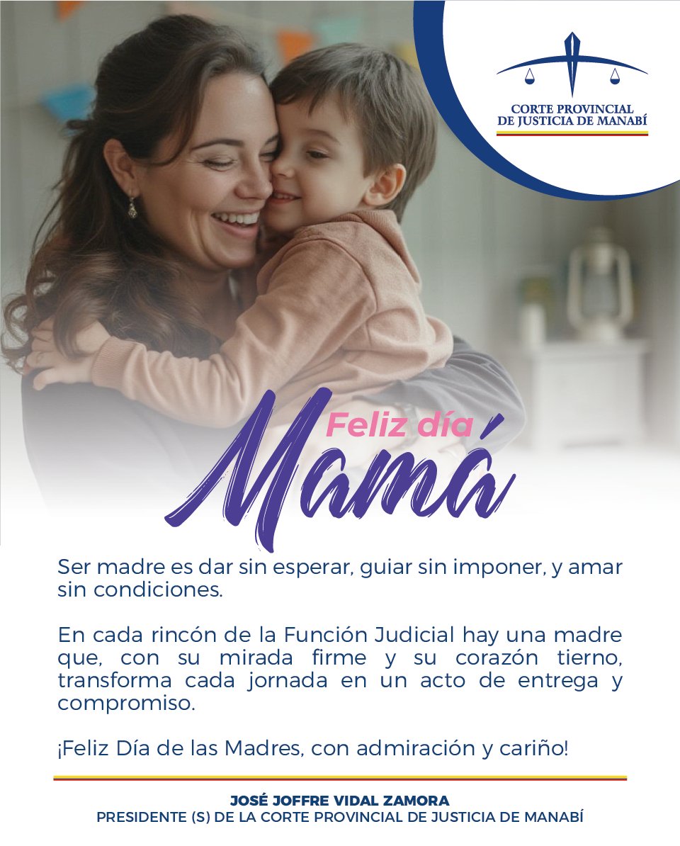 Corte Provincial de Justicia de Manabí (@cortemanabi) on Twitter photo 👩⚖️💐 En la <a href="/CorteManabi/">Corte Provincial de Justicia de Manabí</a> celebramos a las madres que, con compromiso y ternura, forjan hogares y sociedades más justas.
Su amor es la base de los valores que defendemos cada día.
¡Feliz Día de la Madre! 🌸 👩⚖️💐 En la <a href="/CorteManabi/">Corte Provincial de Justicia de Manabí</a> celebramos a las madres que, con compromiso y ternura, forjan hogares y sociedades más justas.
Su amor es la base de los valores que defendemos cada día.
¡Feliz Día de la Madre! 🌸