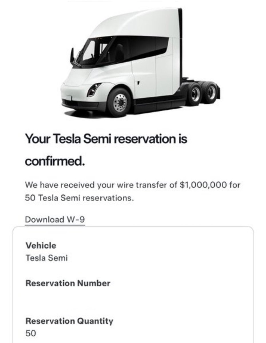 This is what a $1 Million reservation order for 50 Tesla Semis looks like. 

<a href="/FL4EV/">Jake Guerra</a>’s has always dreamed of owning an efficient all-electric, blue collar, trucking company in America 🇺🇸