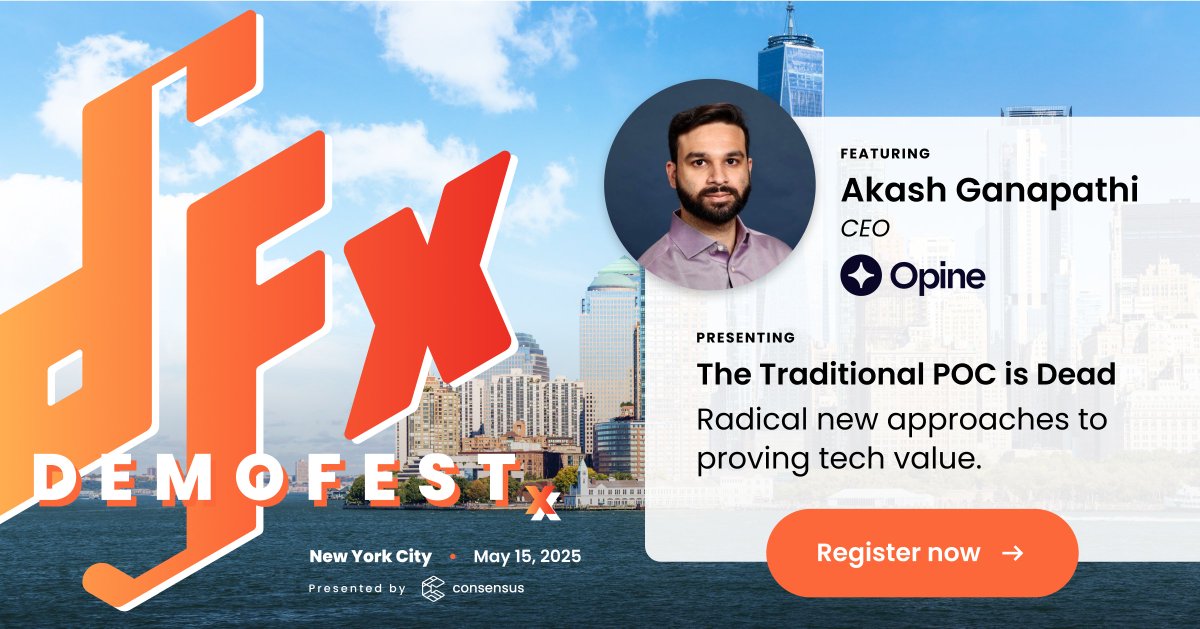 💀 The traditional POC is dead.

At #DEMOFESTx East Coast, Akash Ganapathi (CEO of Opine) breaks down how top SE teams are proving value faster—with less tech chaos and way more buyer momentum.

📍 NYC | May 15
🎟️ hubs.ly/Q03lG7b50
#Presales #BuyerEnablement
