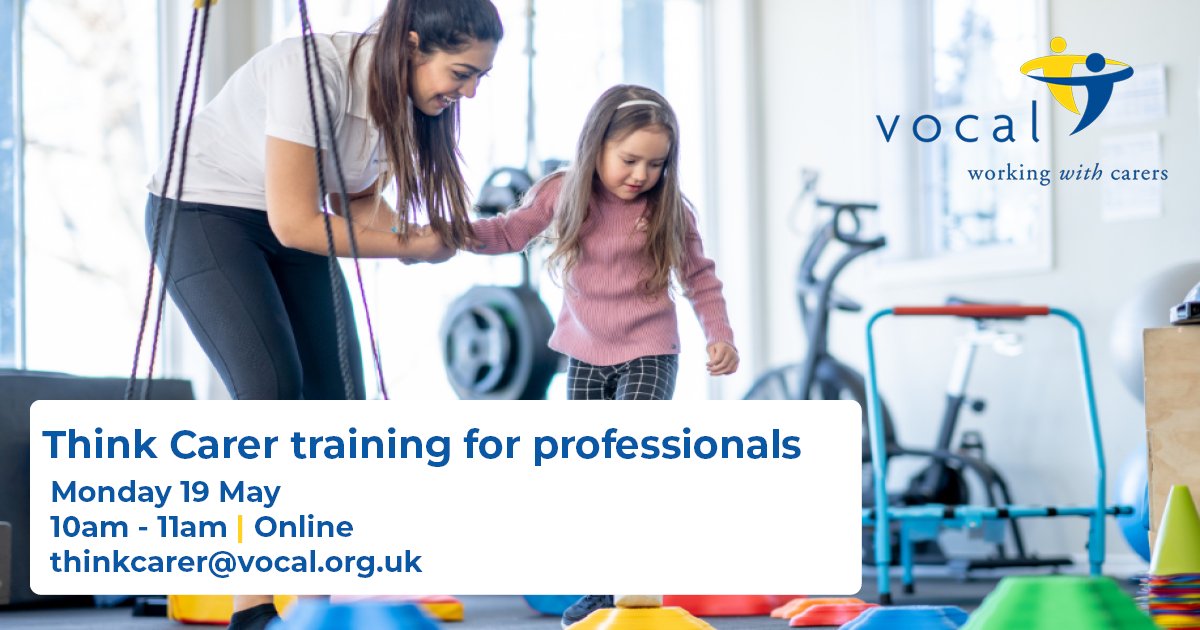 Our next Think Carer training session is online on Mon 19 May, 10am-11am. If you work in the third or public sector, or health and social care, join to find out how to better support carers you work with! Email thinkcarer@vocal.org.uk or complete the form: ow.ly/SALm50Vt9vV