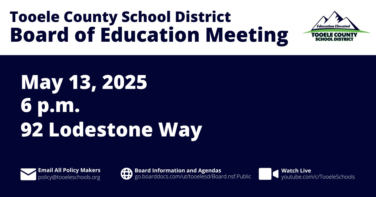 Join us on May 13 at 6 p.m. for the Board of Education Meeting at the Tooele County School District office, 92 Lodestone Way, Tooele. Watch live at youtube.com/@TooeleSchools. The agenda is available at go.boarddocs.com/ut/tooelesd/Bo…