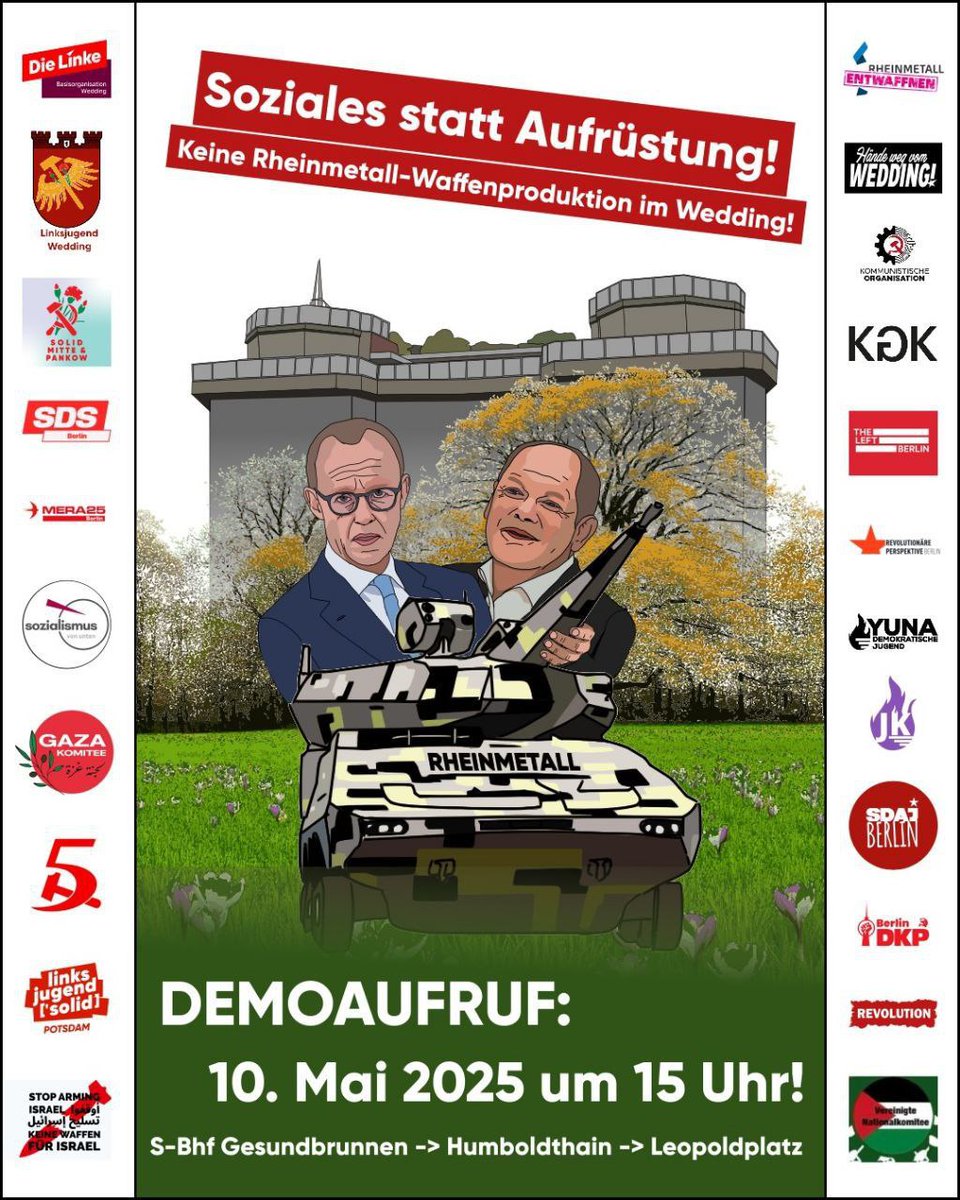 dielinkewedding's tweet image. 📣Demo gegen Aufrüstung📣
Morgen um 15 Uhr gehen wir gemeinsam gegen ein Subunternehmen von Rheinmetall auf die Straße, das am Humboldthain Munition produzieren will. Wir fordern Geld für Soziales, statt für Rüstungsprojekte!
📍Wo? S/U Gesundbrunnen
🗓 10. Mai
🕒 15 Uhr