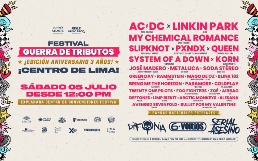 Daniel Vergaray D'Arrigo (@danielefecto) on Twitter photo ¡La Guerra de Tributos ya vendió más de 500 tickets! El festival con más de 30 bandas tocando lo mejor de My Chemical Romance, System of a Down, Linkin Park y más, junto a 6 Voltios, <a href="/SerialAsesino/">Serial Asesino</a> y <a href="/difonia/">Difonia Peru</a> tendrá precios desde S/40 por pocos días.
Entradas en <a href="/joinnus/">Joinnus</a>: ¡La Guerra de Tributos ya vendió más de 500 tickets! El festival con más de 30 bandas tocando lo mejor de My Chemical Romance, System of a Down, Linkin Park y más, junto a 6 Voltios, <a href="/SerialAsesino/">Serial Asesino</a> y <a href="/difonia/">Difonia Peru</a> tendrá precios desde S/40 por pocos días.
Entradas en <a href="/joinnus/">Joinnus</a>: