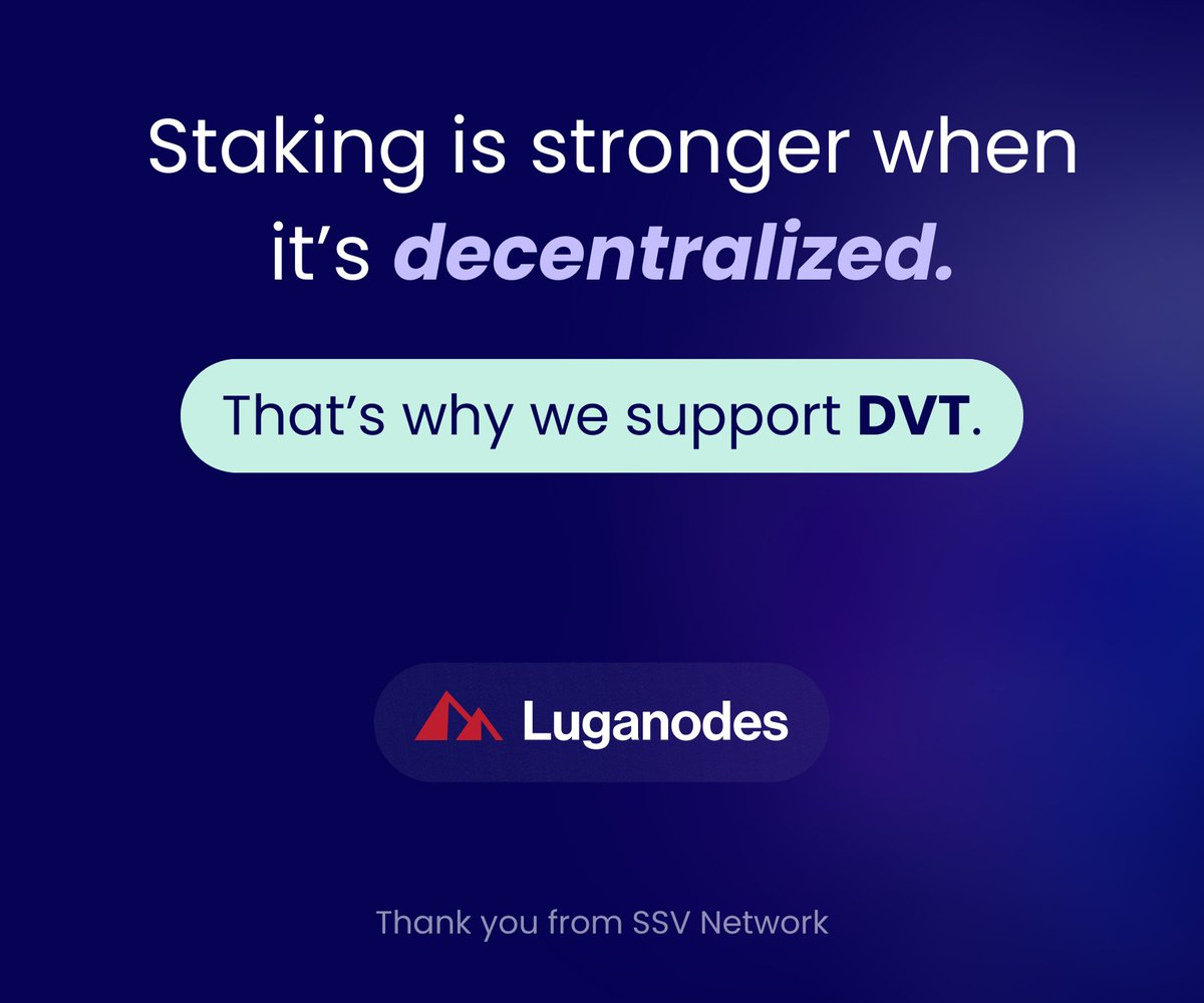 Luganodes (@luganodes) on Twitter photo Ethereum staking should be resilient, secure, and truly decentralized.
At Luganodes, we support DVT to help make Ethereum stronger.
#SSV100k <a href="/ssv_network/">SSV Network</a> Ethereum staking should be resilient, secure, and truly decentralized.
At Luganodes, we support DVT to help make Ethereum stronger.
#SSV100k <a href="/ssv_network/">SSV Network</a>