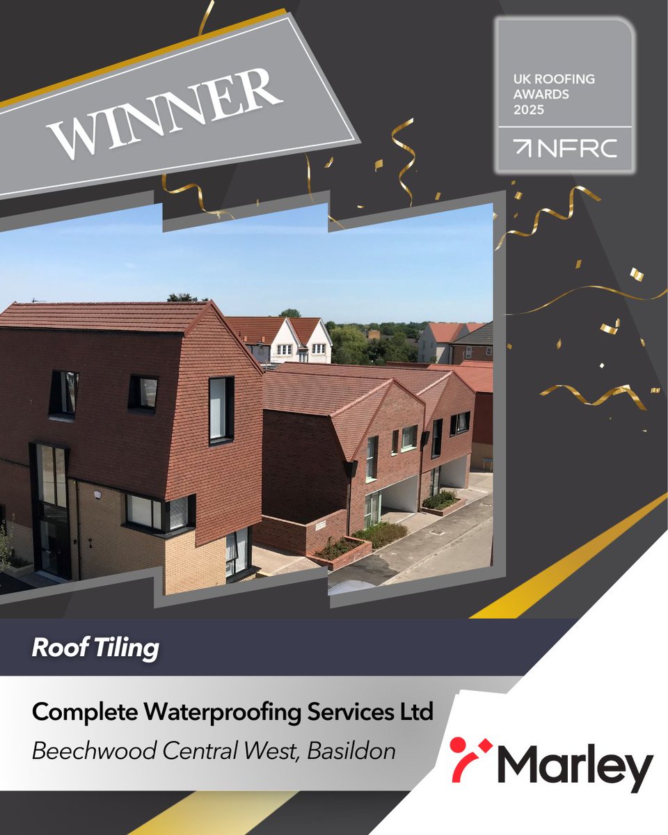 🏆 Congratulations to Complete Waterproofing Services Ltd with their project Beechwood Central West, Basildon–𝗪𝗜𝗡𝗡𝗘𝗥𝗦 of the Roof Tiling category, sponsored by <a href="/MarleyLtd/">Marley</a> 

#RA2025