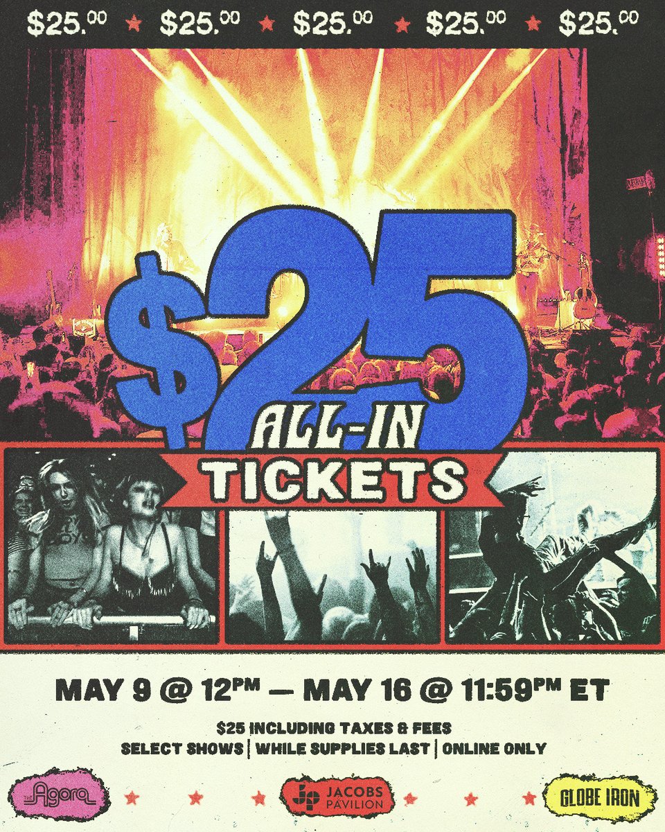 AEGPresentsCLE's tweet image. Kick off summer concert season right 🤘
Score $25 all-in tickets to see your favorite artists at @JacobsPavilion, @AgoraCLE & @GlobeIronCLE while supplies last! Must purchase through this link.
Offer valid now - Fri. 5/16 @ 11:59pm
🎫: buff.ly/m8t0ra8