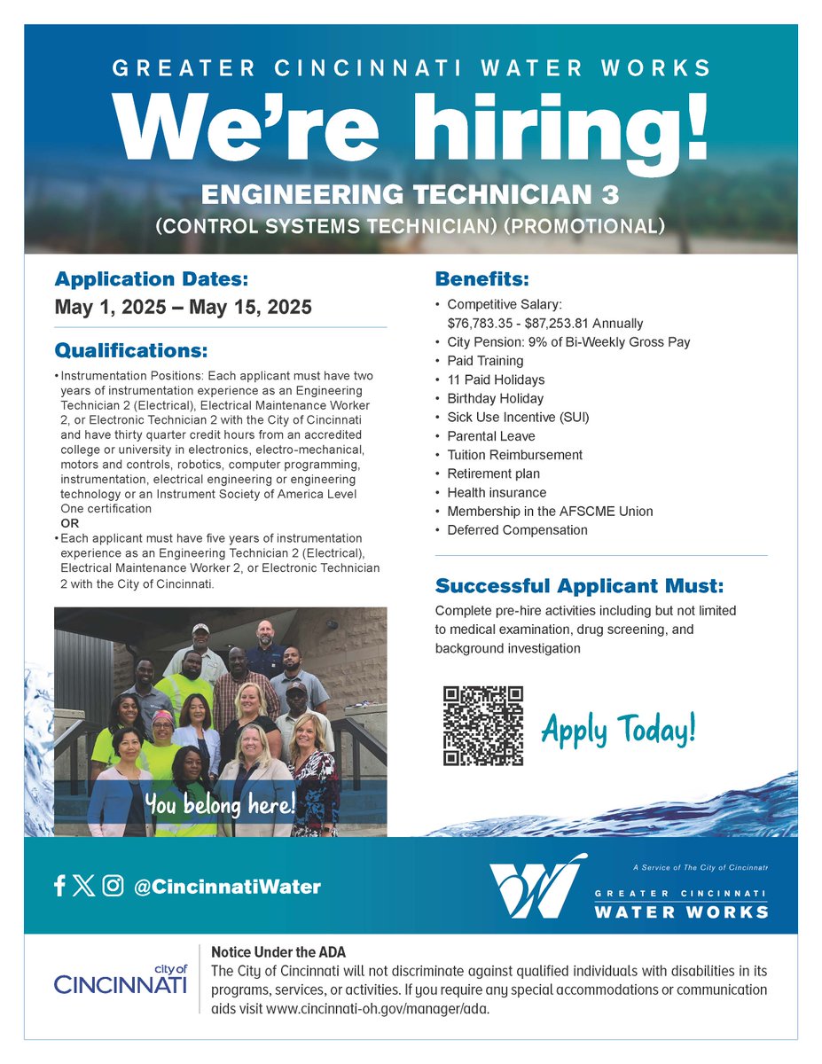 CincinnatiWater's tweet image. Greater Cincinnati Water Works is hiring for Engineering Technician 3 (Open & Promotional) on our team!
APPLY TODAY: Scan QR codes below, or visit governmentjobs.com